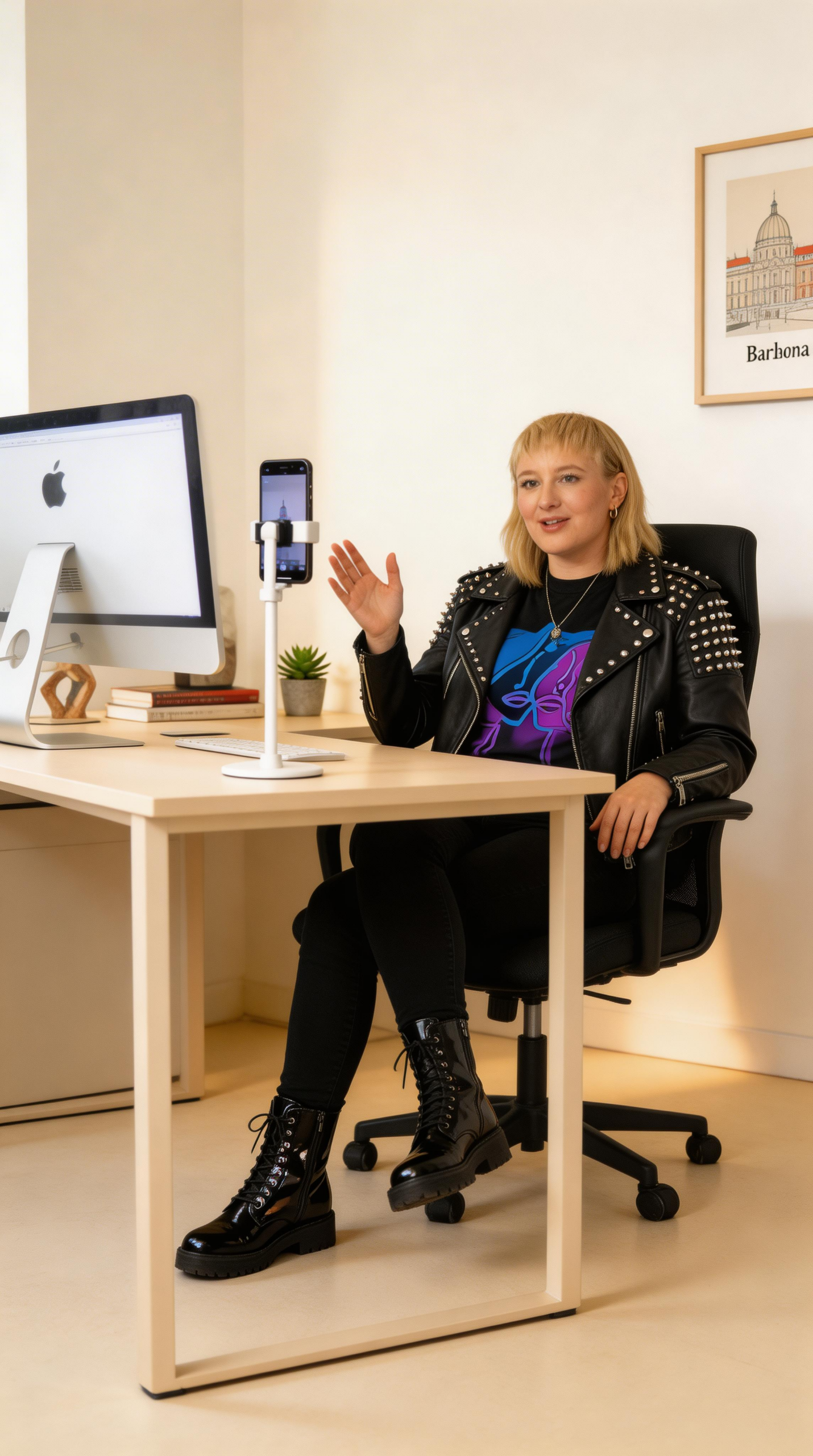 Creadora de contenido grabando vídeos para redes sociales en estudio creativo con iluminación profesional