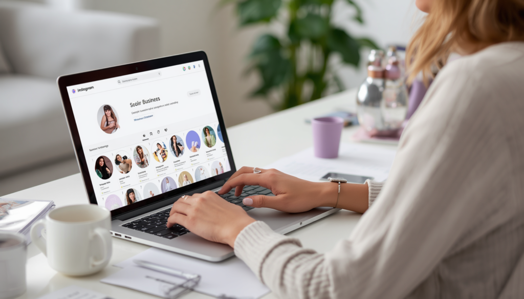 Dueña de pequeño negocio organizando publicaciones para Instagram en un portátil, ambiente cercano y profesional, tonos neutros con detalles lilas, sin texto legible