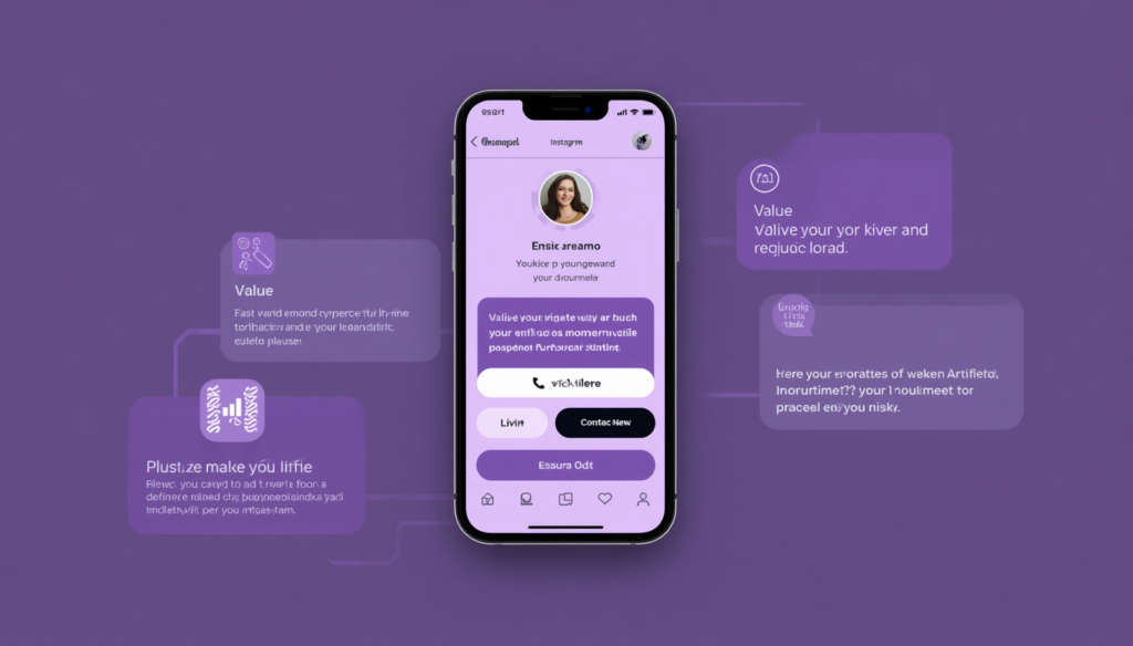 Smartphone con perfil de Instagram ficticio desenfocado, bloques visuales marcando nombre, propuesta de valor y botón de contacto, fondo lila oscuro, sin texto legible