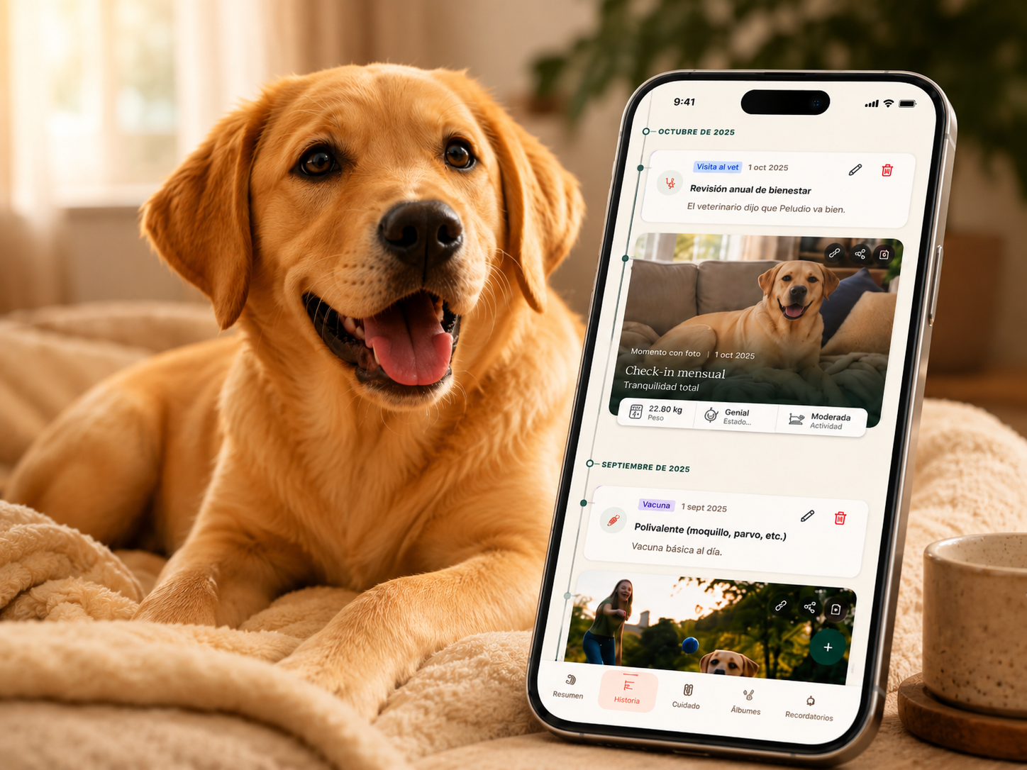 Peludio como web app para guardar la historia, recuerdos y salud de una mascota.
