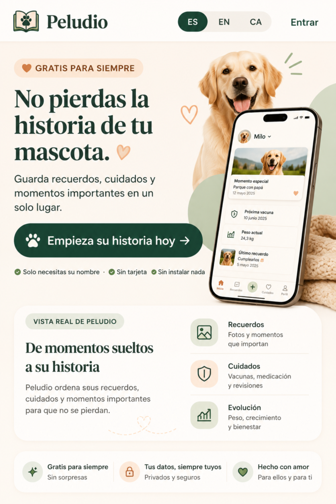 Peludio como web app para guardar la historia, recuerdos y salud de una mascota.