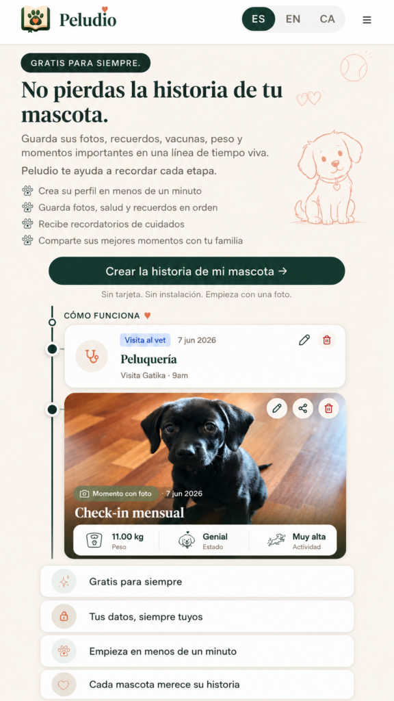 Peludio como web app para guardar la historia, recuerdos y salud de una mascota.